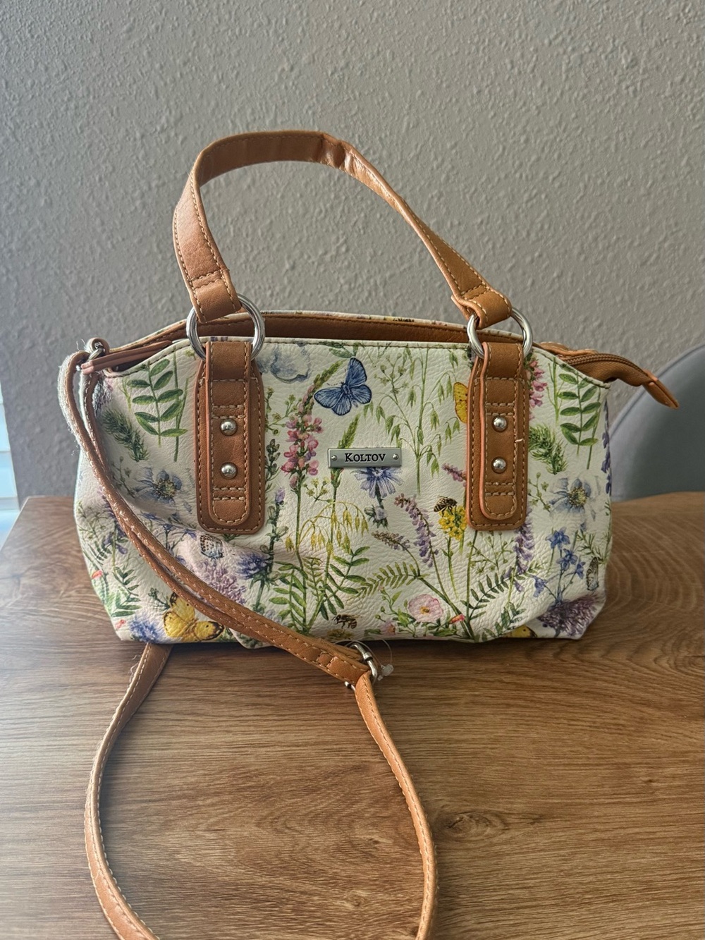 Koltov Floral Canvas Shoulder Bag with Tan Trim
